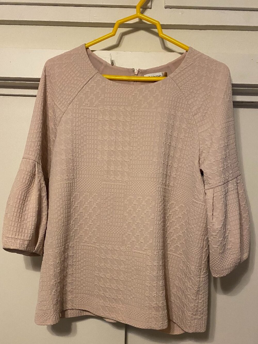 Calvin Klein, tan, vintage, patterned blouse w/half puffed sleeves, size M